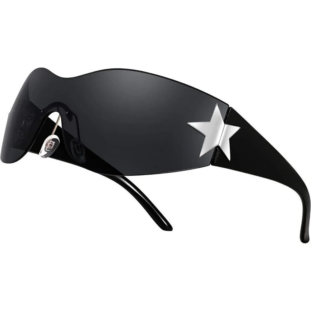 ❤️Women Black Sunglasses Men Fashion Wrap Around Frameless  Eyewear